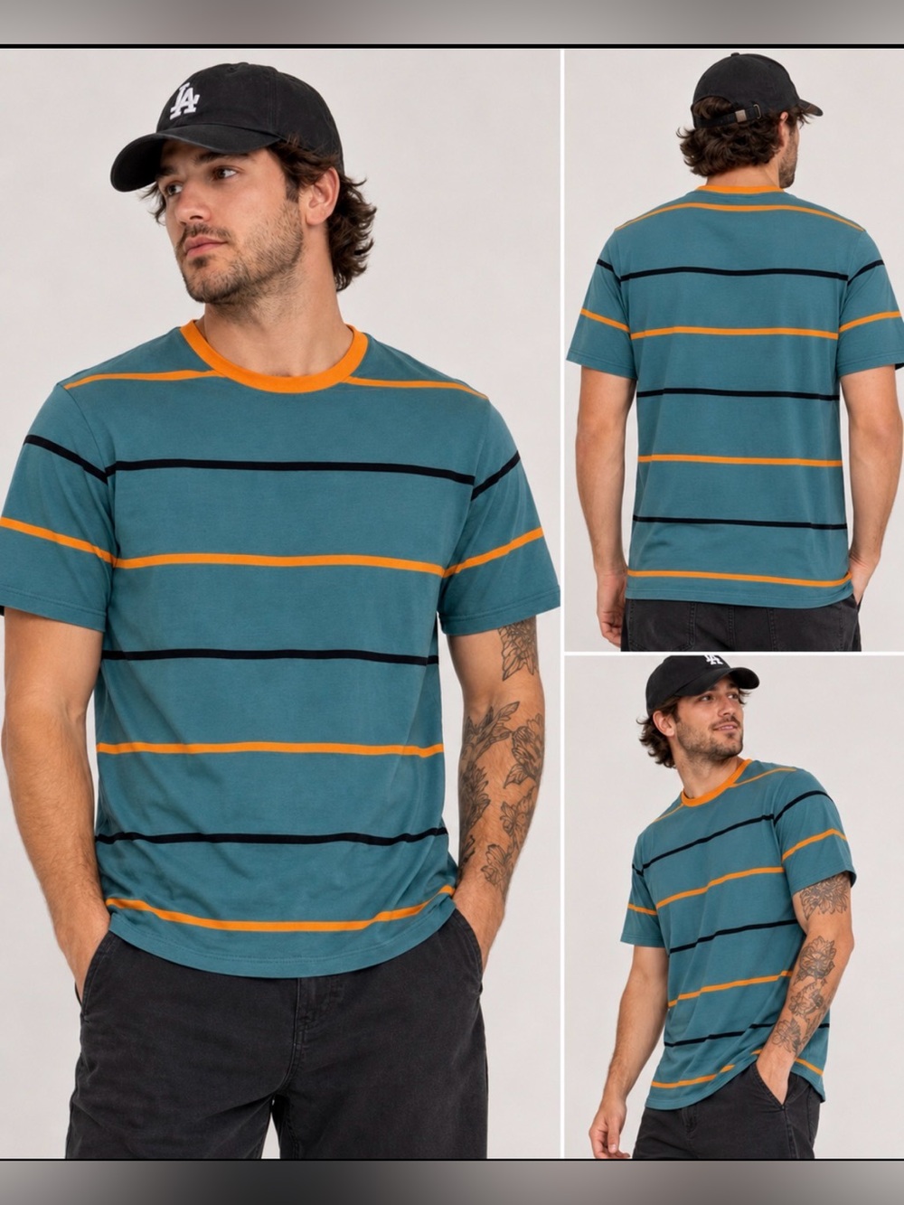 Guess Men's Teal and Orange Striped Tee